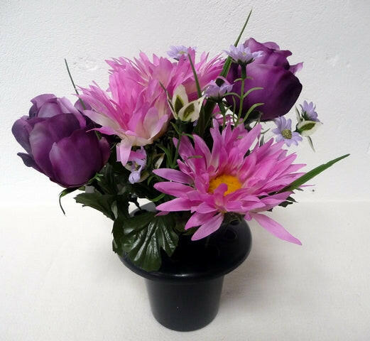Artificial Silk Gerbera & Rosebud in a Cemetery Pot
