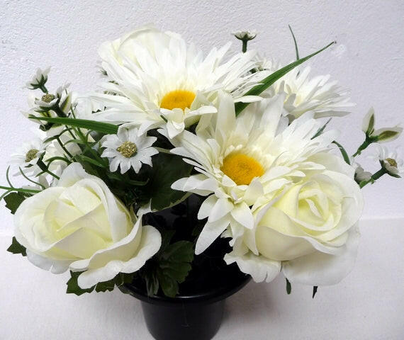 Artificial Silk Gerbera & Rosebud in a Cemetery Pot