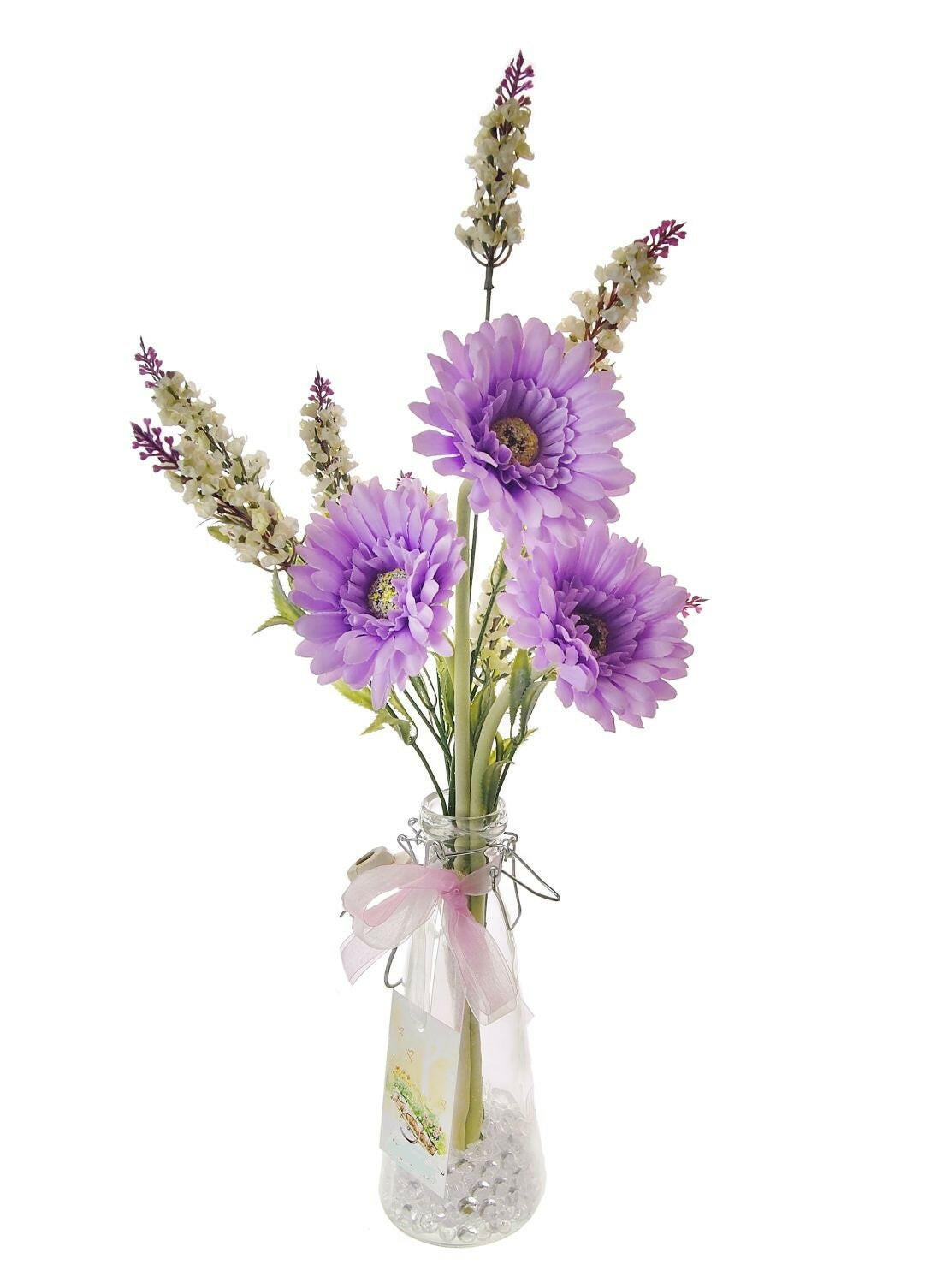 Complete Gerbera and Lavender Arrangement in Vintage Bottle
