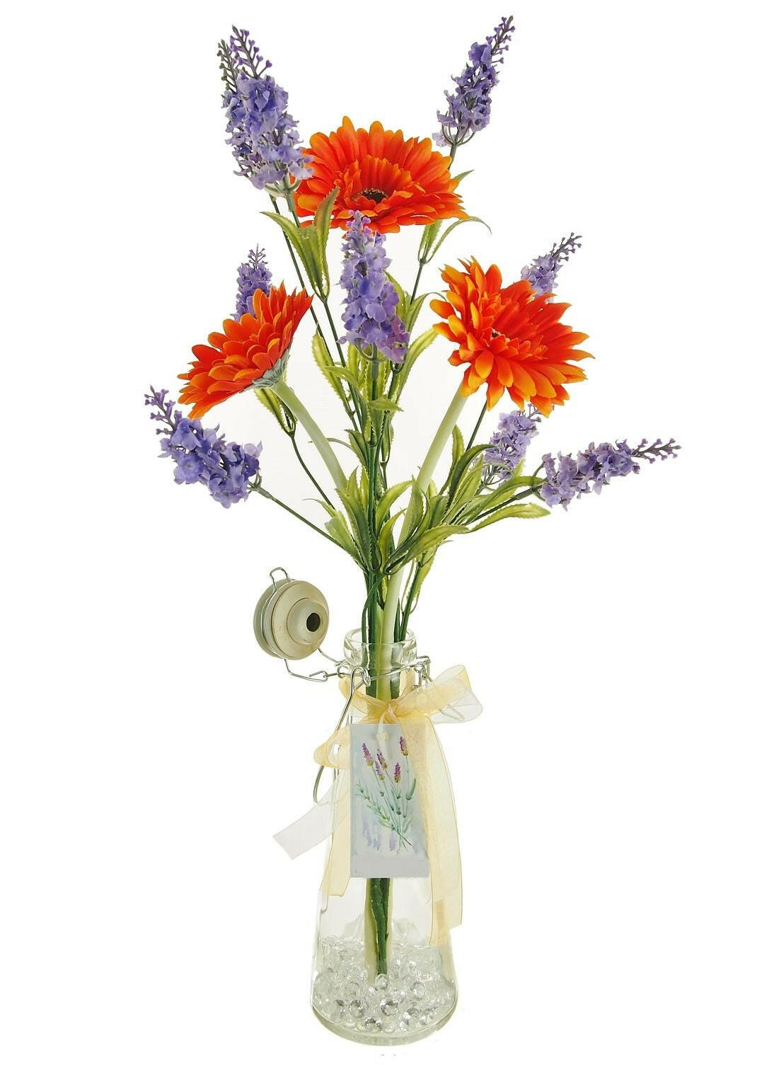 Complete Gerbera and Lavender Arrangement in Vintage Bottle