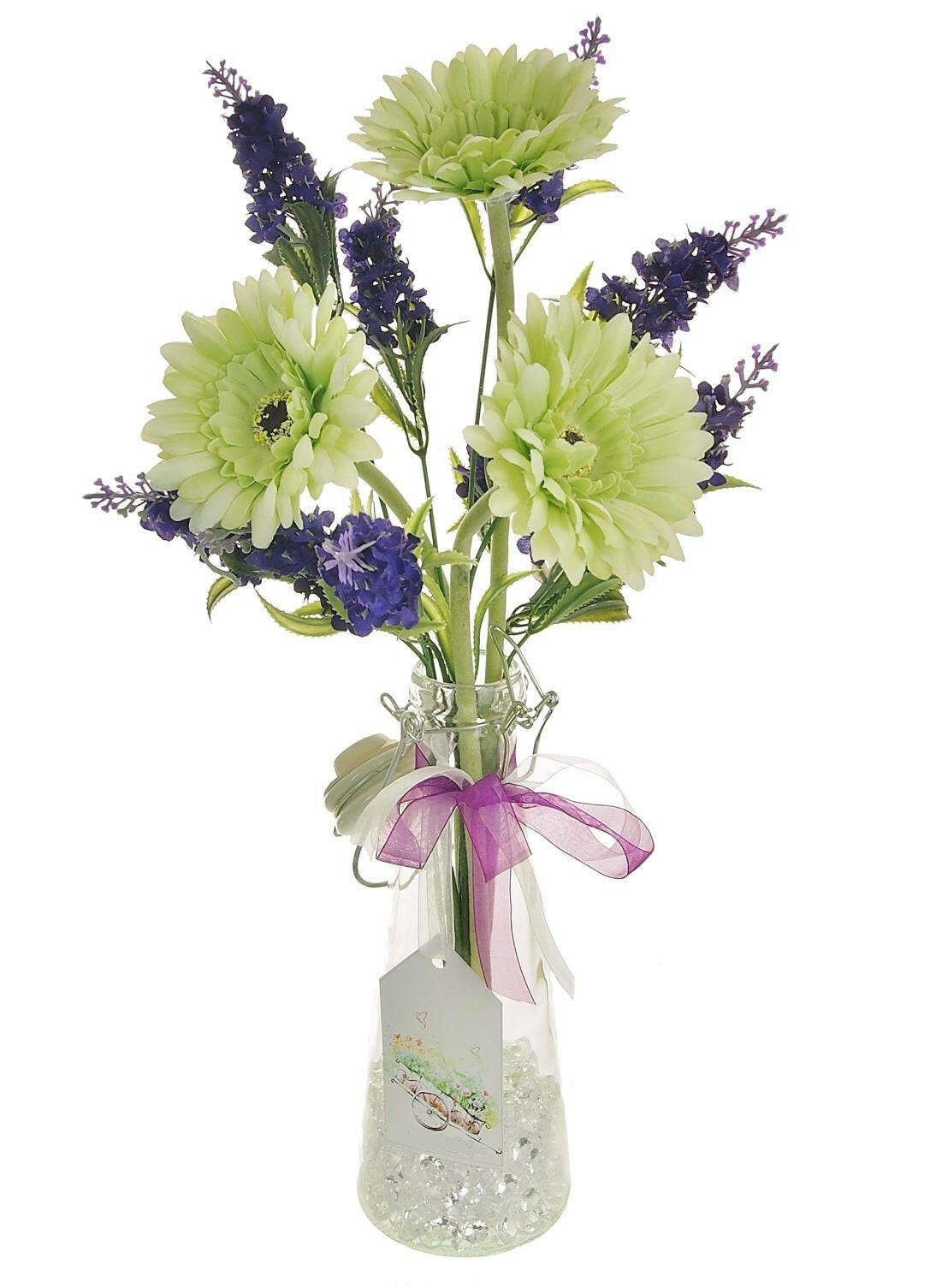 Complete Gerbera and Lavender Arrangement in Vintage Bottle