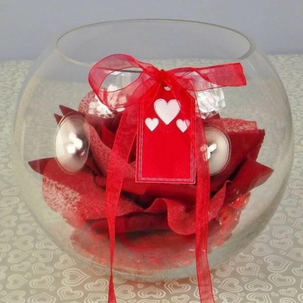 Artificial Valentines Silk Rose Head in a clear Glass Fish Bowl with Crystals 