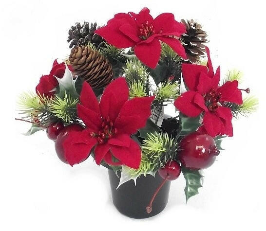 Artificial Poinsettia Cone and Berry Cemetery Pot