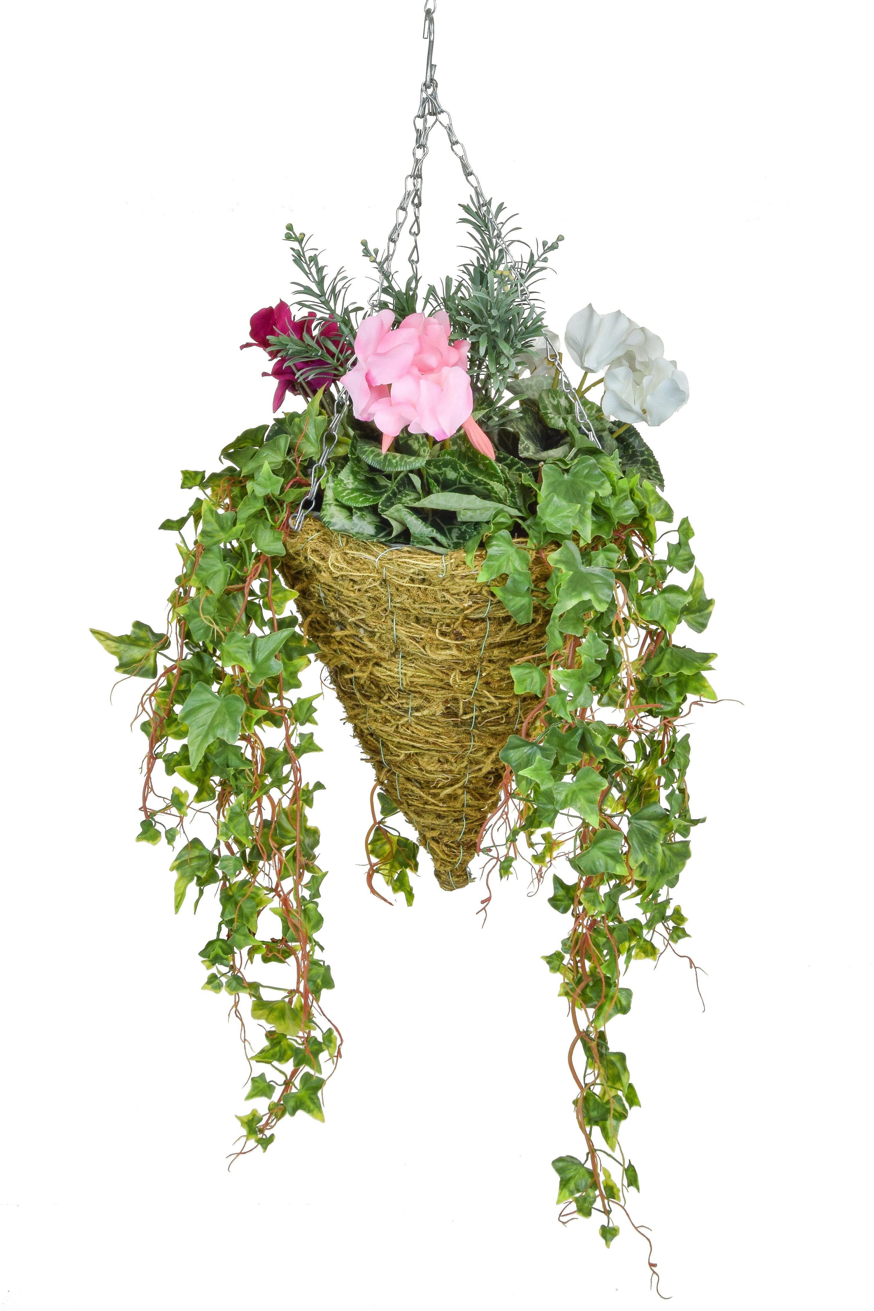 Artificial Silk Cyclamen Mix & Ivy Cone Basket