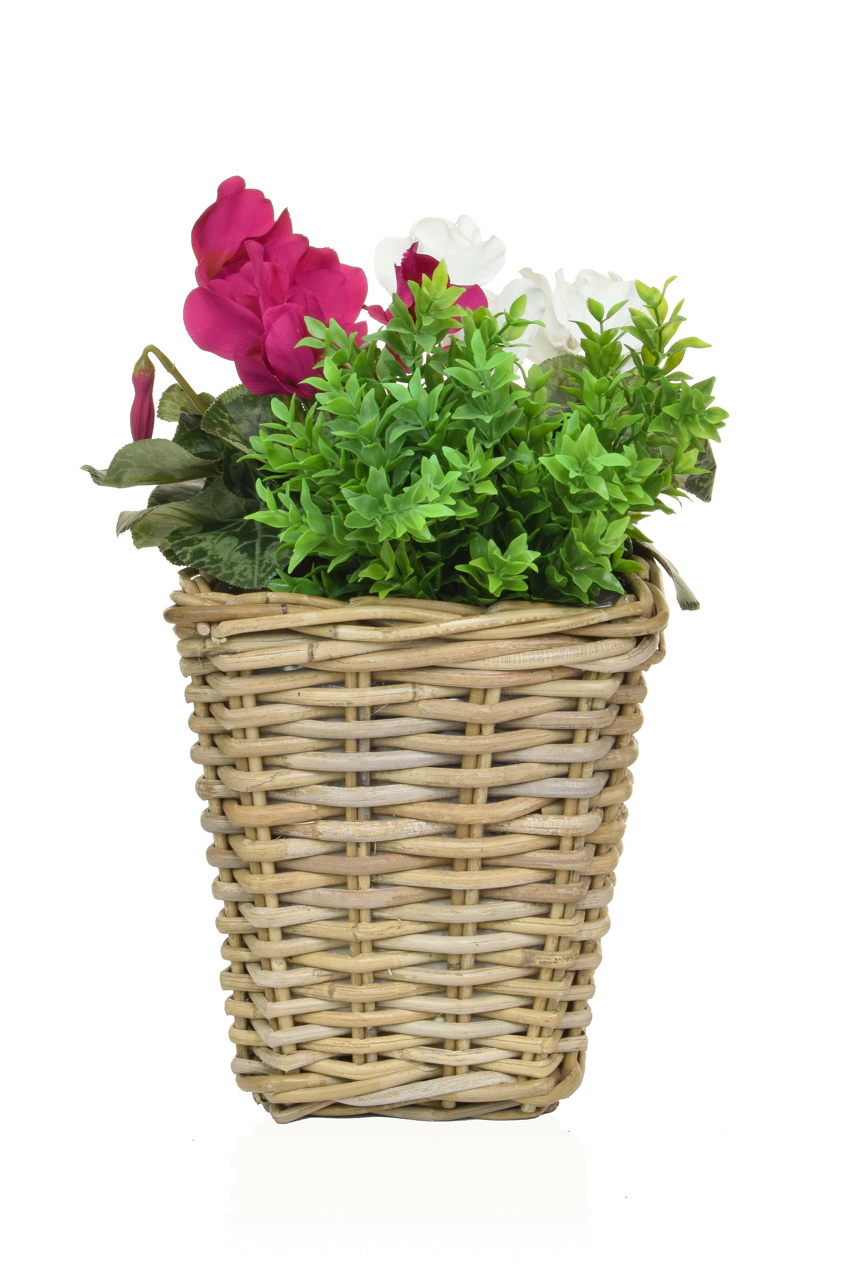 Artificial Silk Cyclamen Mix Small Rattan Planter