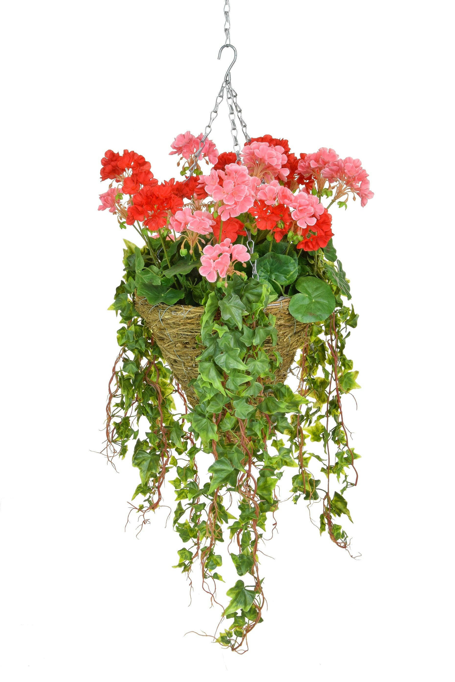 Artificial Silk Geranium Mix & Ivy Cone Basket