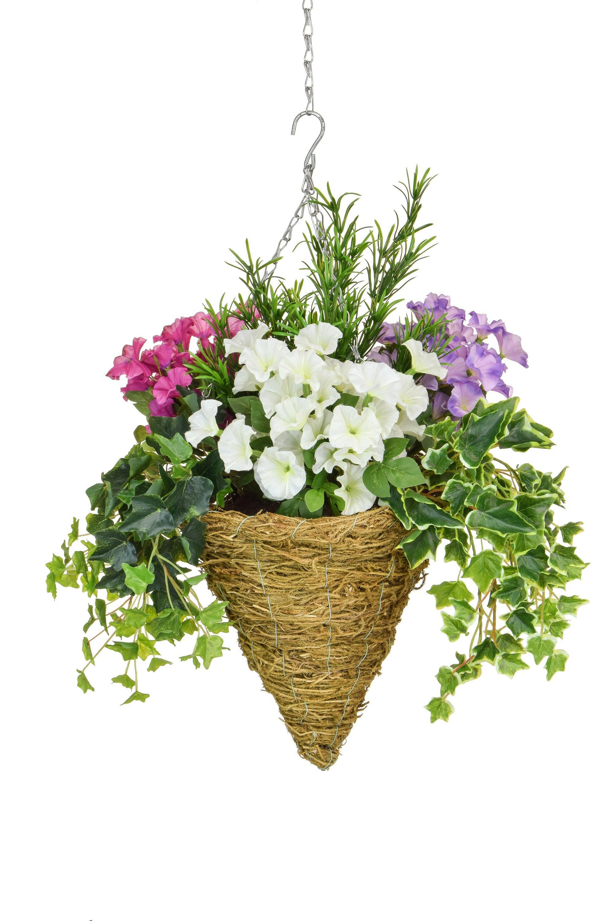 Artificial Silk Petunia Mix & Ivy Cone Basket