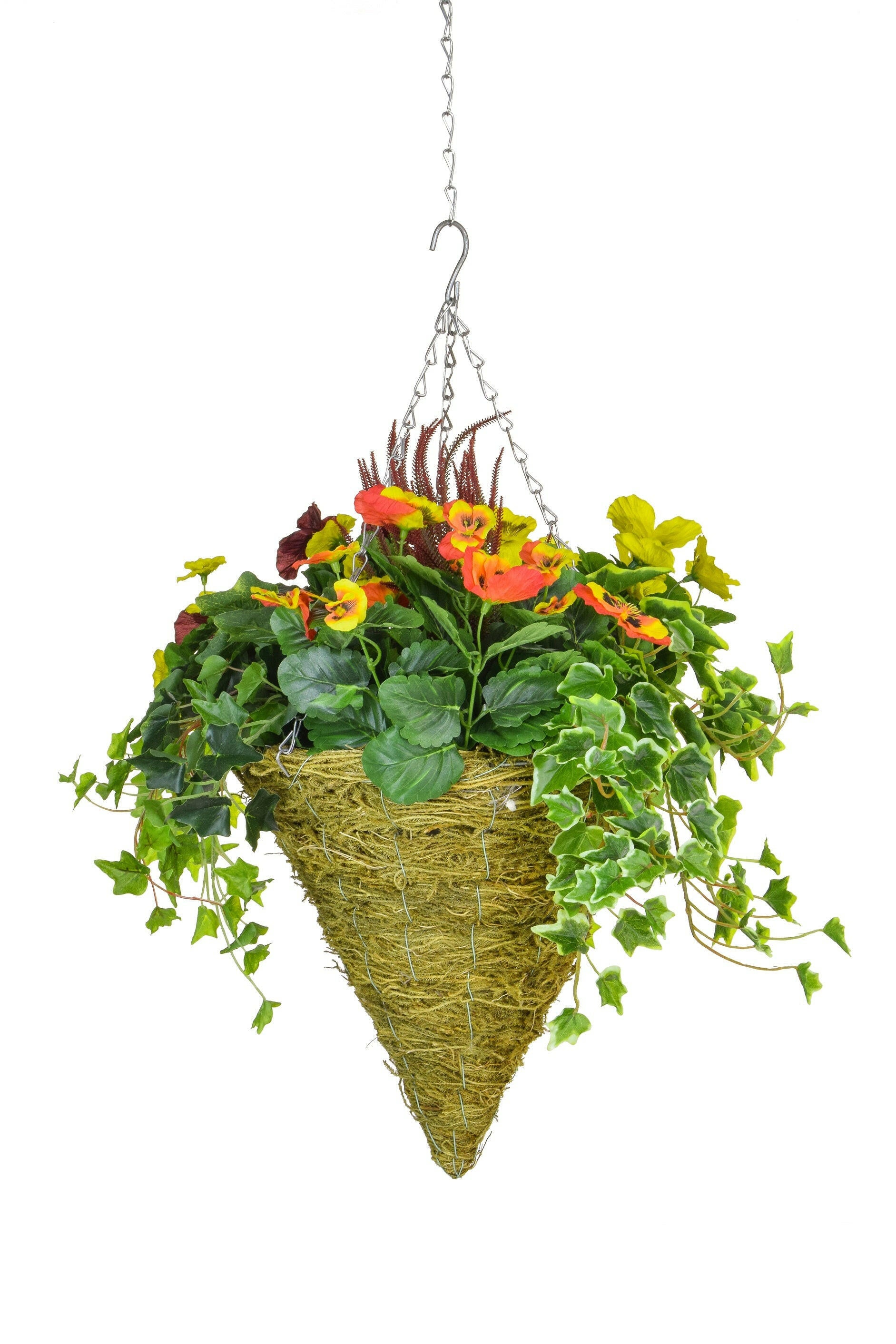 Artificial Silk Pansy Mix & Ivy Cone Basket