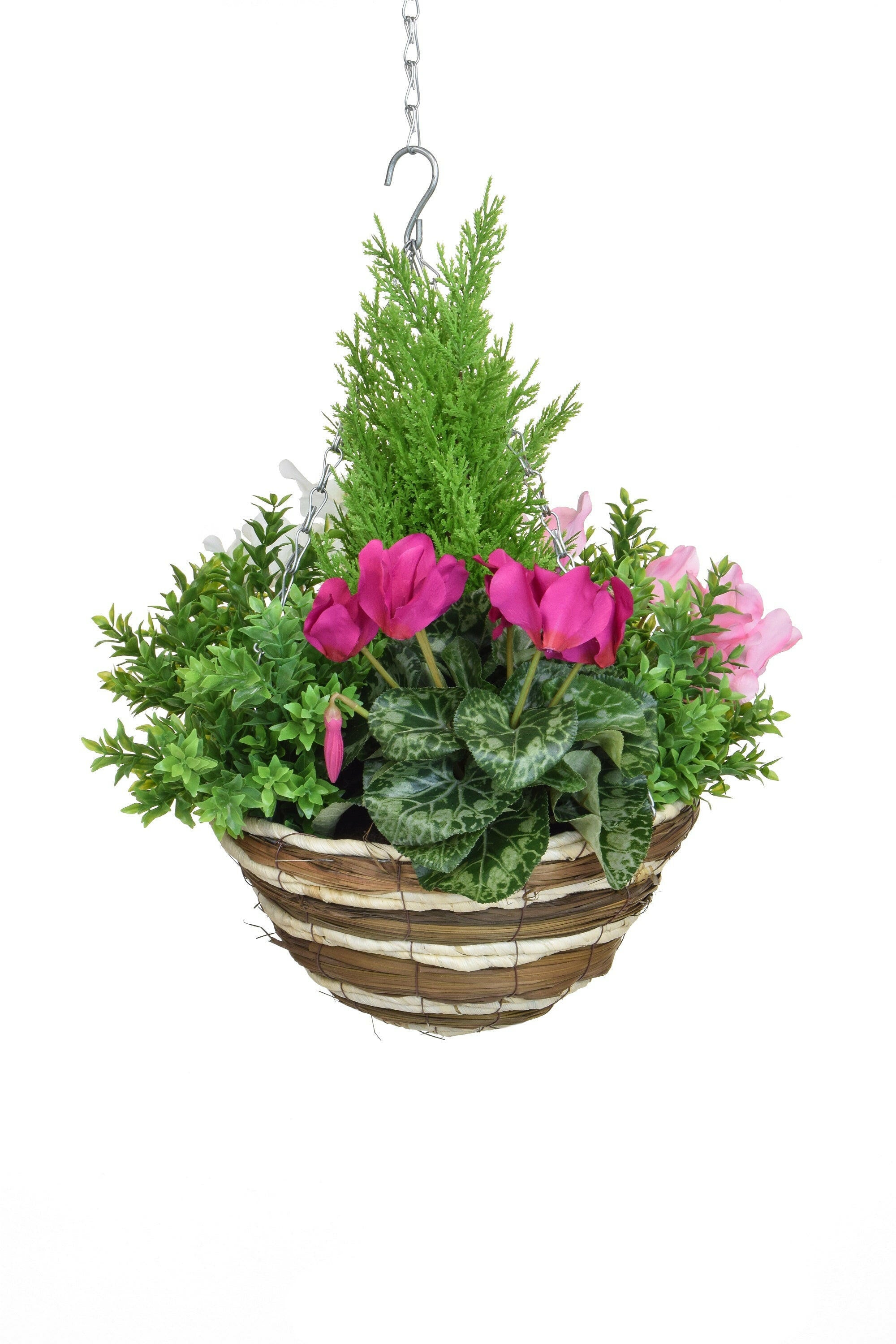 Artificial Silk Cyclamen Mix & Greenery Medium Hanging Basket