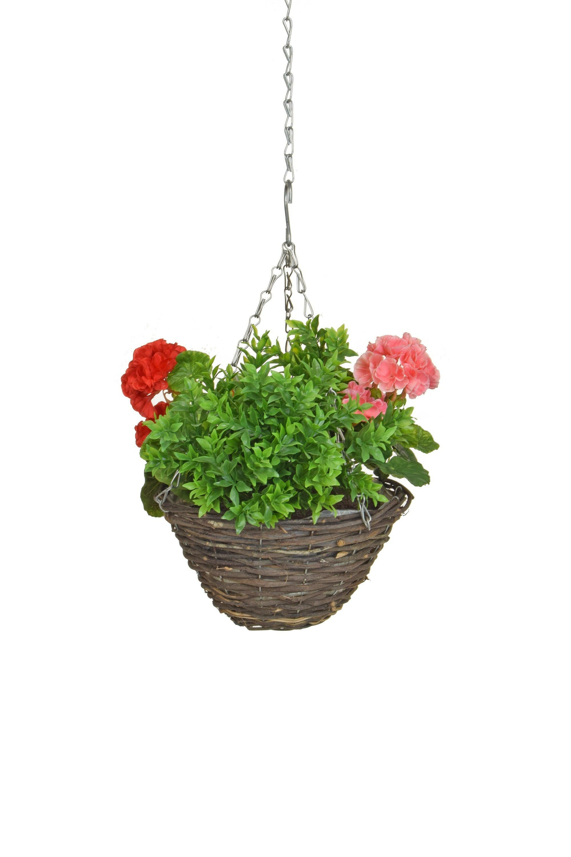 Artificial Silk Geranium & Greenery Small Hanging Basket