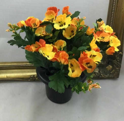 Artificial Silk Pansies in a Cemetery Pot