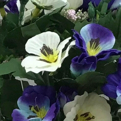 Artificial Silk Pansies in a Cemetery Pot