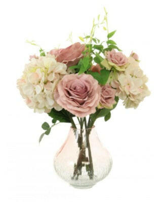 Artificial Silk Rose & Hydrangea In Crackle Bulbous Vase