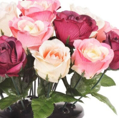 Artificial Silk Open Rose Arrangement Cemetery Pot