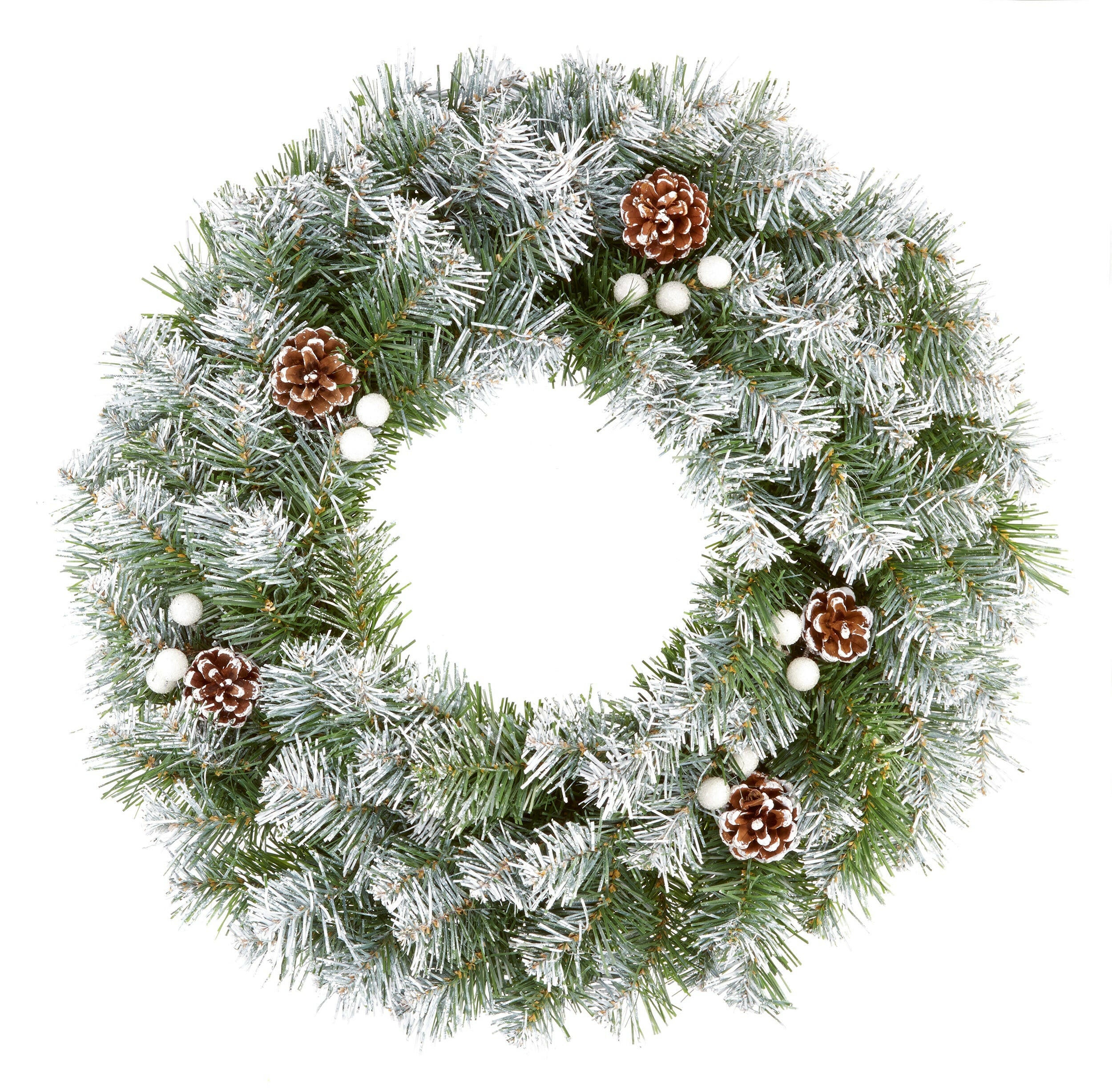 Artificial Snow Tipped Wreath with White Berries & Cones