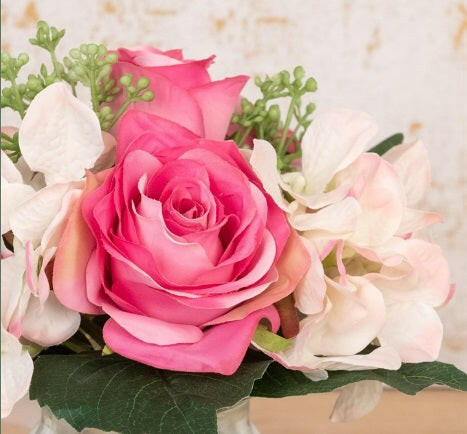 Artificial Silk Rose and Hydrangea in a Curve Vase in situ close up