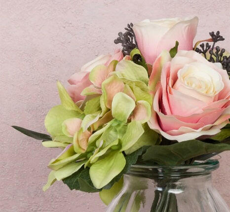 Artificial Silk Rose and Hydrangea in Curve Vase in situ close up