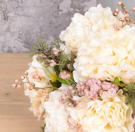 Artificial Silk Peony Gypsophilia Bouquet Cream 35cm in situ close up