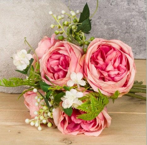 Artificial Silk Rose Bouquet in situ Dark Pink close up