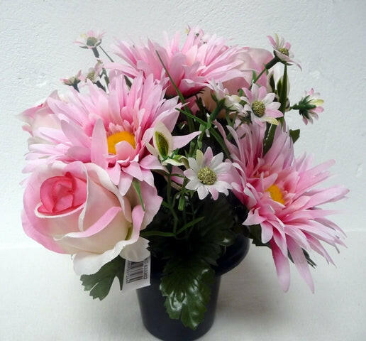 Artificial Silk Gerbera & Rosebud in a Cemetery Pot