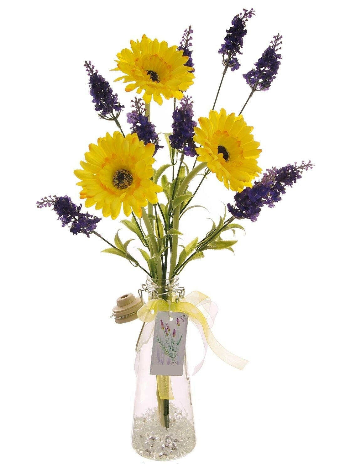 Complete Gerbera and Lavender Arrangement in Vintage Bottle