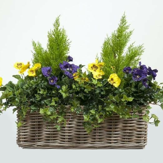 Showing our artificial silk Pansies in a bespoke ready planted trough