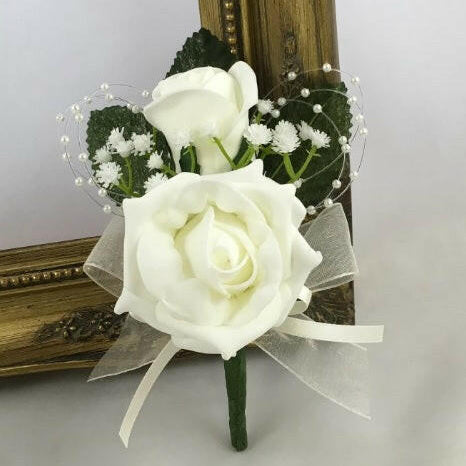 Artificial Silk Double Rose Buttonhole with Pearl Loops and Gyp