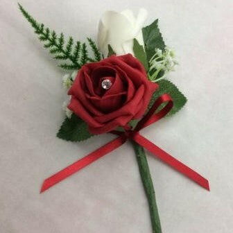 Artificial Double Rose Buttonhole with Gyp and Asparagus Fern