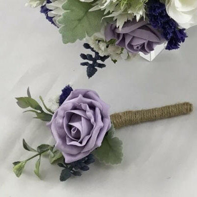 Artificial Silk Open Foam Rose Buttonhole with Ruscus and Dusty Miller Leaves