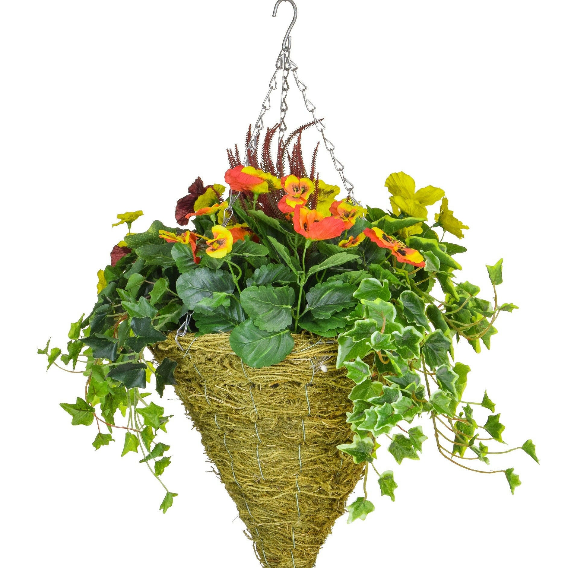 Artificial Silk Pansy Mix & Ivy Cone Basket