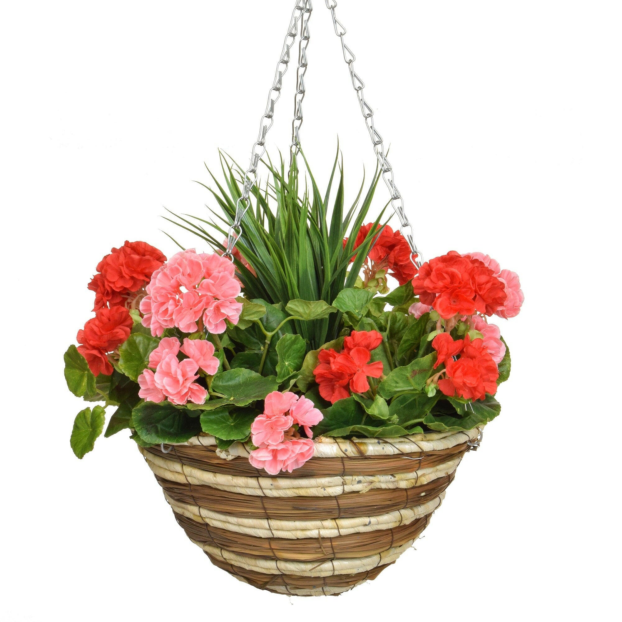 Artificial Silk Geranium & Grass Medium Hanging Basket