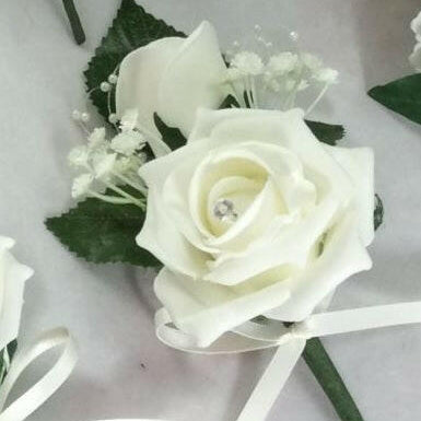 Artificial Silk Double Rose Buttonhole with Pearl Loops and Gyp