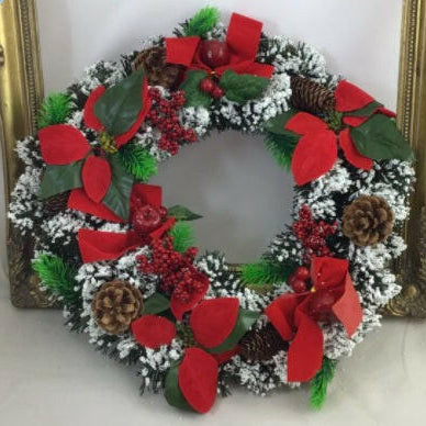Artificial Snow Spruce Wreath with Poinsettias/Berries /Red Bows