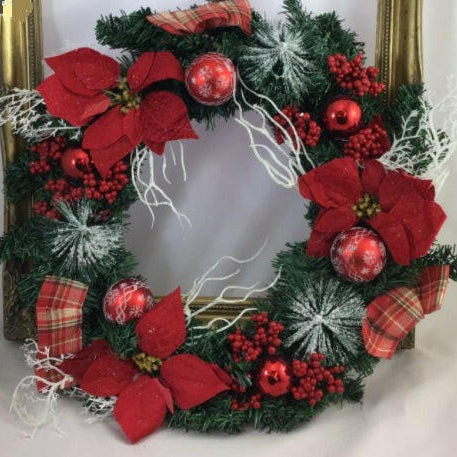 Artificial Spruce Wreath with Baubles/Red Poinsettias/Tartan Bows