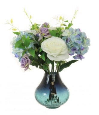 Artificial Silk Rose & Hydrangea In Crackle Bulbous Vase