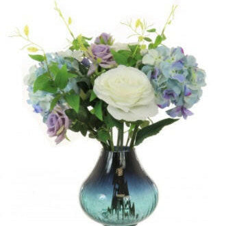 Artificial Silk Rose & Hydrangea In Crackle Bulbous Vase
