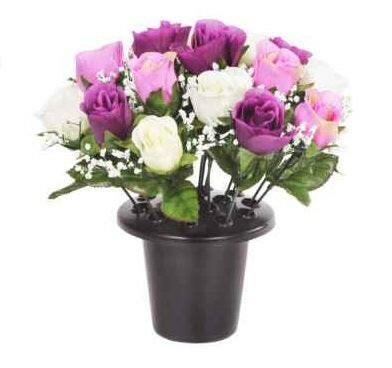 Artificial Silk Rosebud Gypsophila Arrangement Cemetery Pot