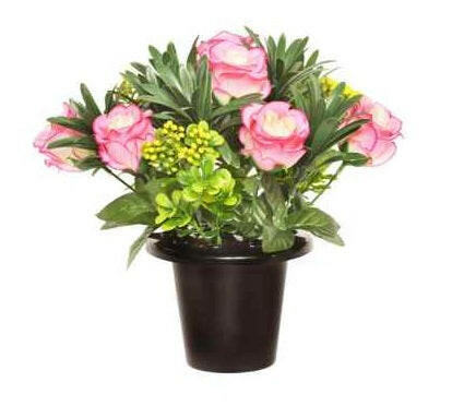 Artificial Silk Rose Berry Foliage Arrangement Cemetery Pot 