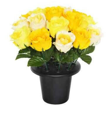 Artificial Silk Open Rose Arrangement Cemetery Pot 