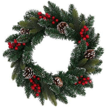 Artificial Frosted Snow Spruce Wreath with Pinecones / Berries