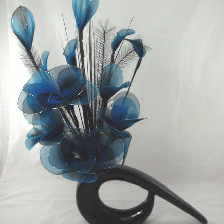 Artificial Lotus Gossamer Flower Spray in A Shiny Black Ceramic Decor Vase