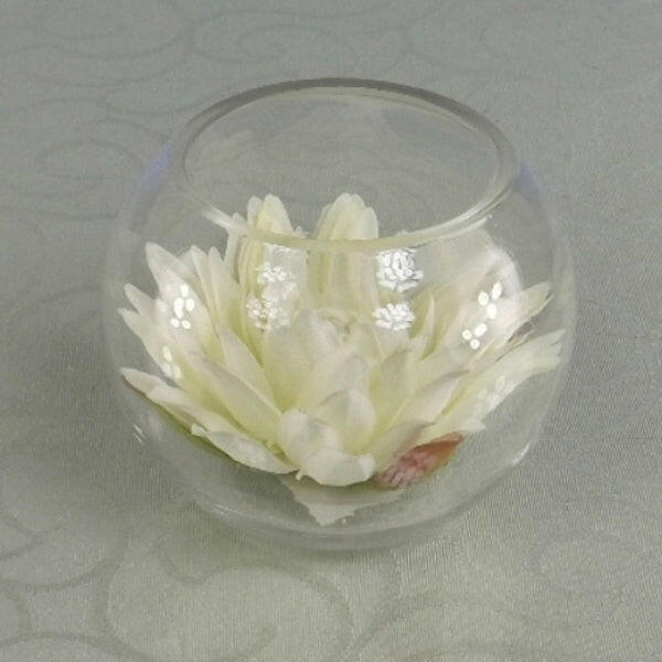 Artificial Silk Water Lily Head in a clear Glass Fish Bowl