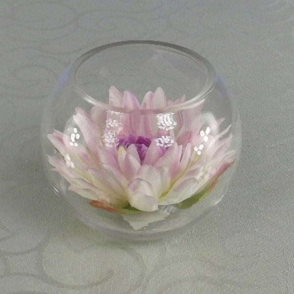 Artificial Silk Water Lily Head in a clear Glass Fish Bowl