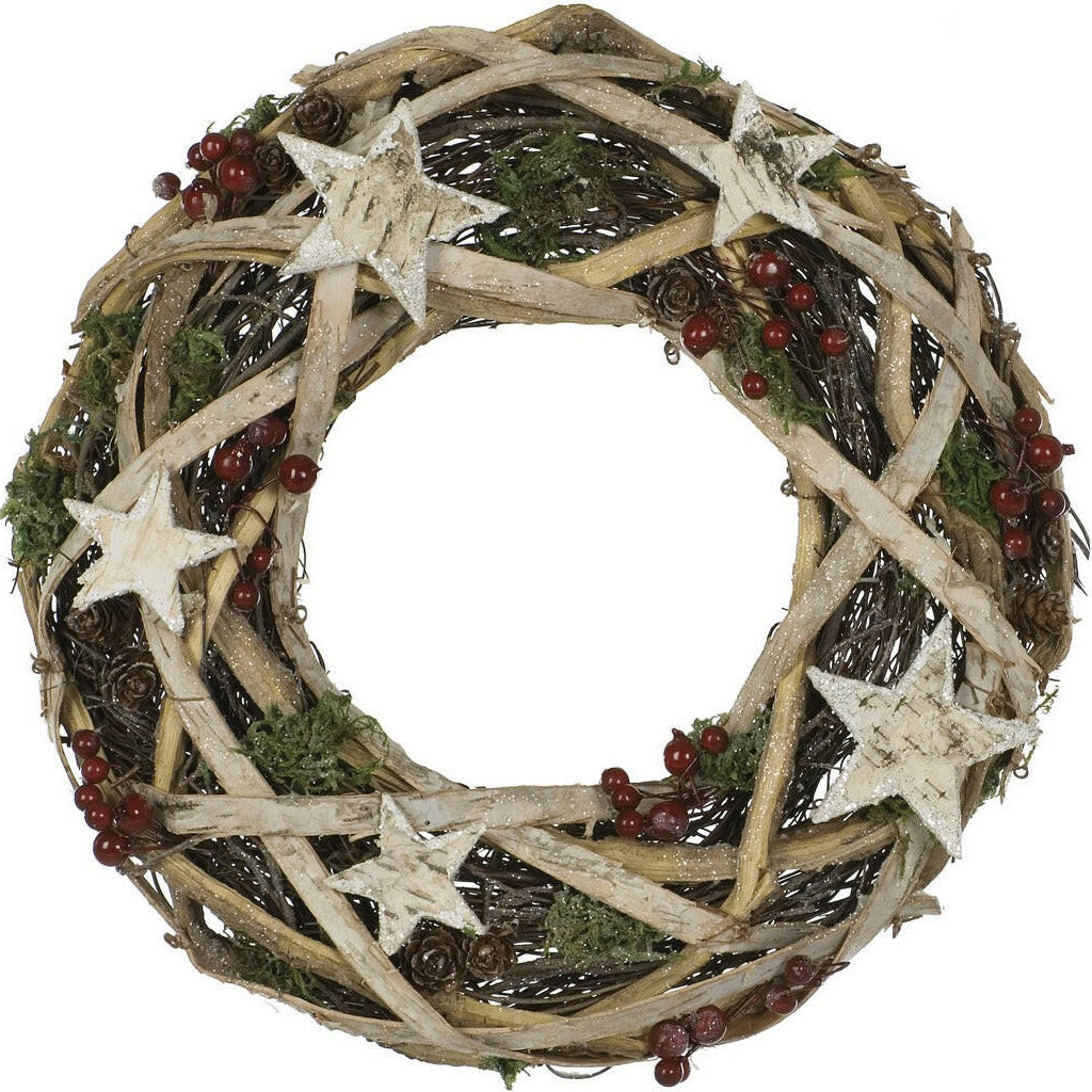 Artificial Natural Birch Wreath with Stars