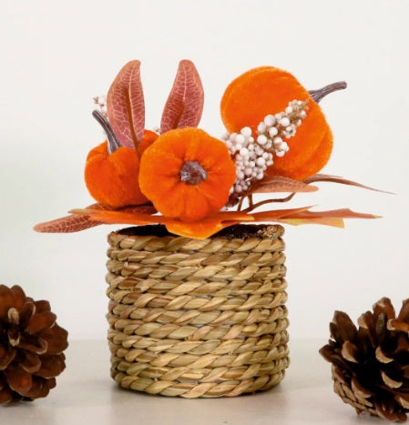 Artificial Autumn Pumpkin Display Woven Basket