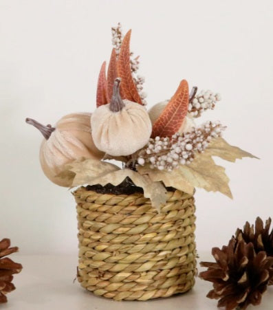 Artificial Autumn Pumpkin Display Woven Basket