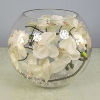 Moth Orchid in a clear Glass Fish Bowl with Crystals 