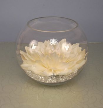 Dahlia Head in a clear Glass Fish Bowl with Crystals 