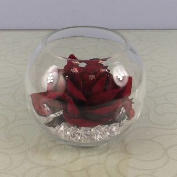 Open Rose Head in a clear Glass Fish Bowl with Crystals