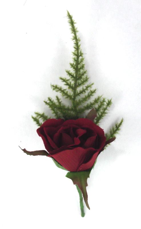 Artificial Silk Rose Corsage 20cm, Red Complete with Fern and Pin